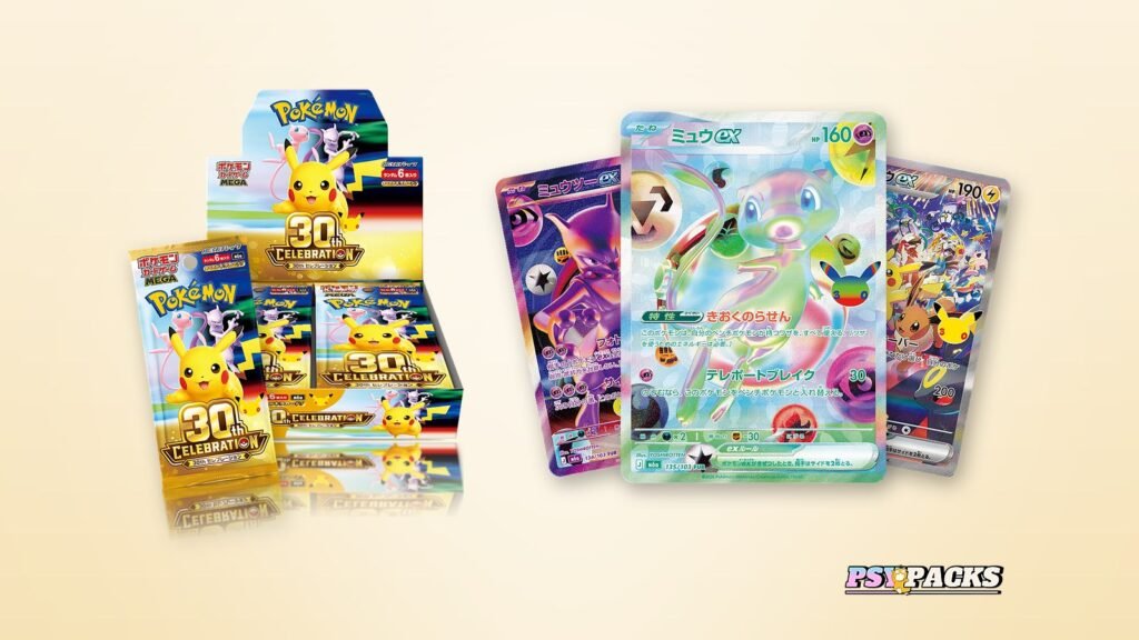 Caja y sobre japoneses de 30th Celebration con Mewtwo ex, Mew ex y Pikachu ex