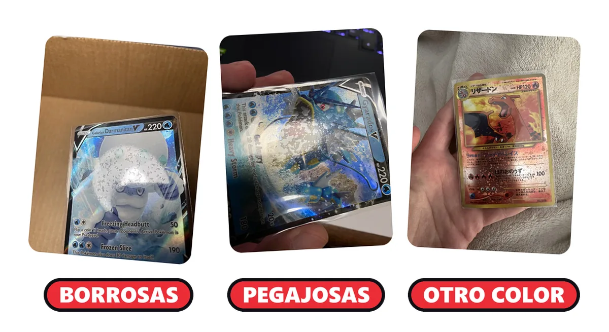 Tres cartas Pokémon con el daño típico de las fundas de PVC: una borrosa, una pegajosa y una con otro color