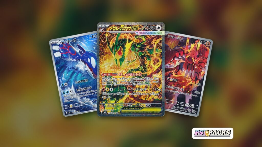 Kyogre AR, Mega Rayquaza ex SAR y Groudon AR de Storm Emeralda sobre el arte de Mega Rayquaza