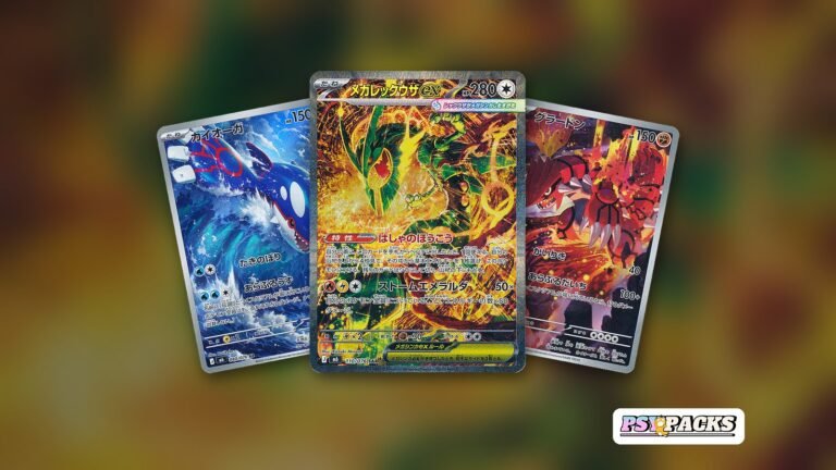 Kyogre AR, Mega Rayquaza ex SAR y Groudon AR de Storm Emeralda sobre el arte de Mega Rayquaza