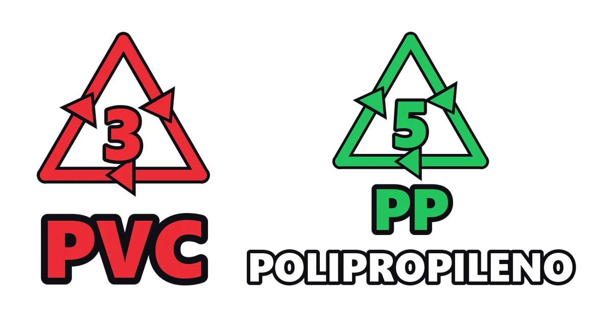Símbolo de reciclaje 3 del PVC junto al símbolo 5 del polipropileno